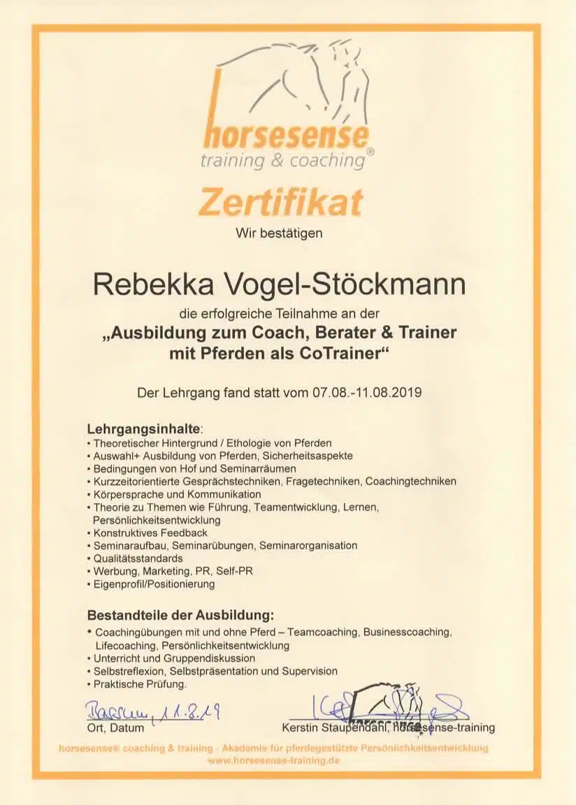 Zertifikat Pferdegestützter Coach (horsesense®), Rebekka Vogel-Stöckermann